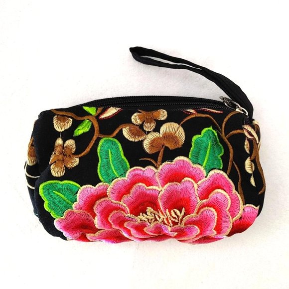 Embroidered Floral Fabric Wristlet Pouch Black Pink 3-Layer Zipper Wallet Lined - Picture 1 of 11